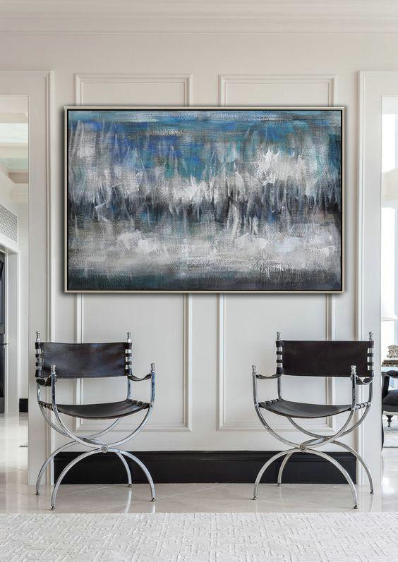 Extra Large Painting,Oversized Horizontal Contemporary Art,Large Canvas Art,Blue,Grey,Black,White.etc